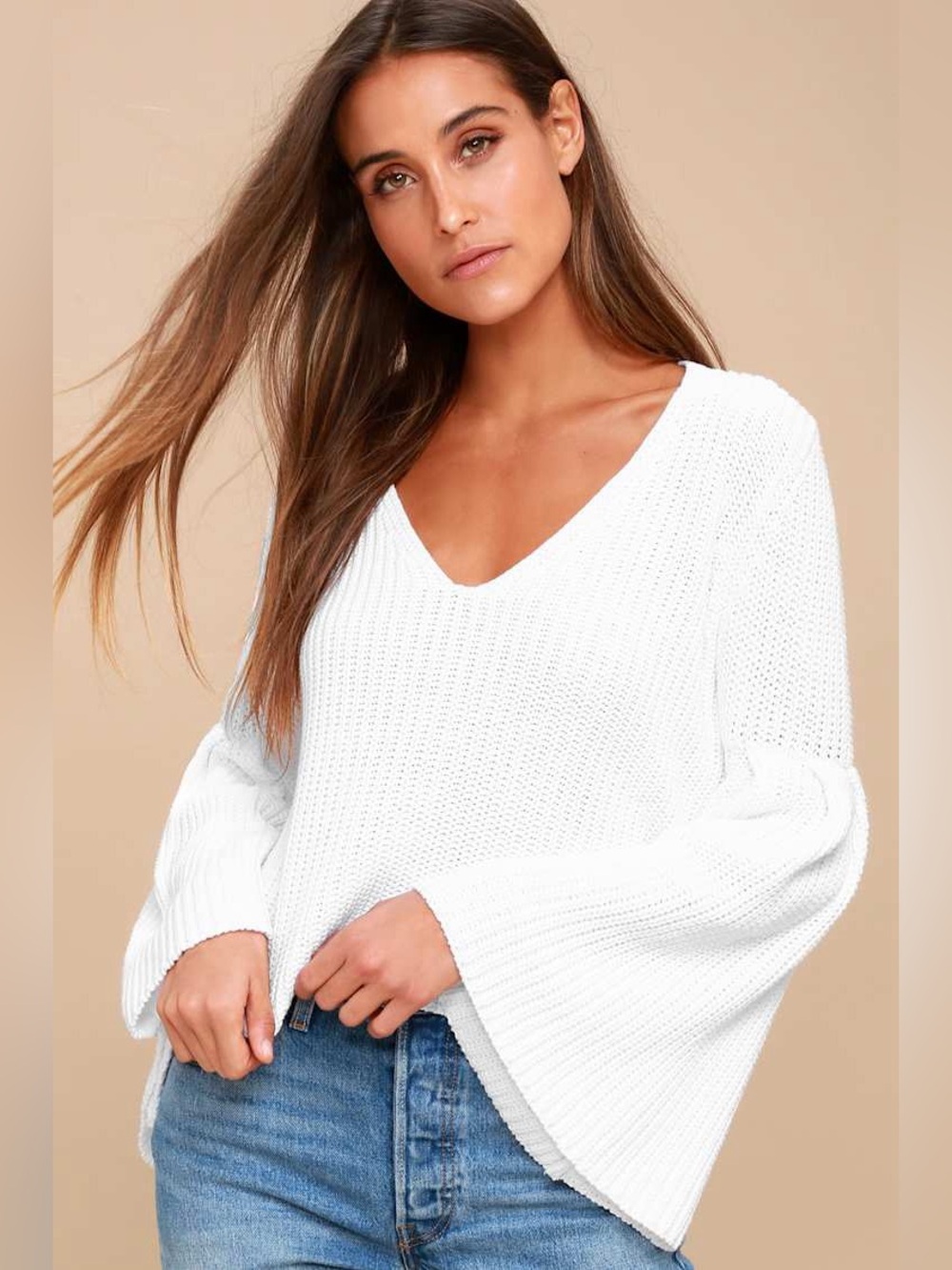 Free People White Damsel Pullover Chunky Knit Bell Sleeve Small